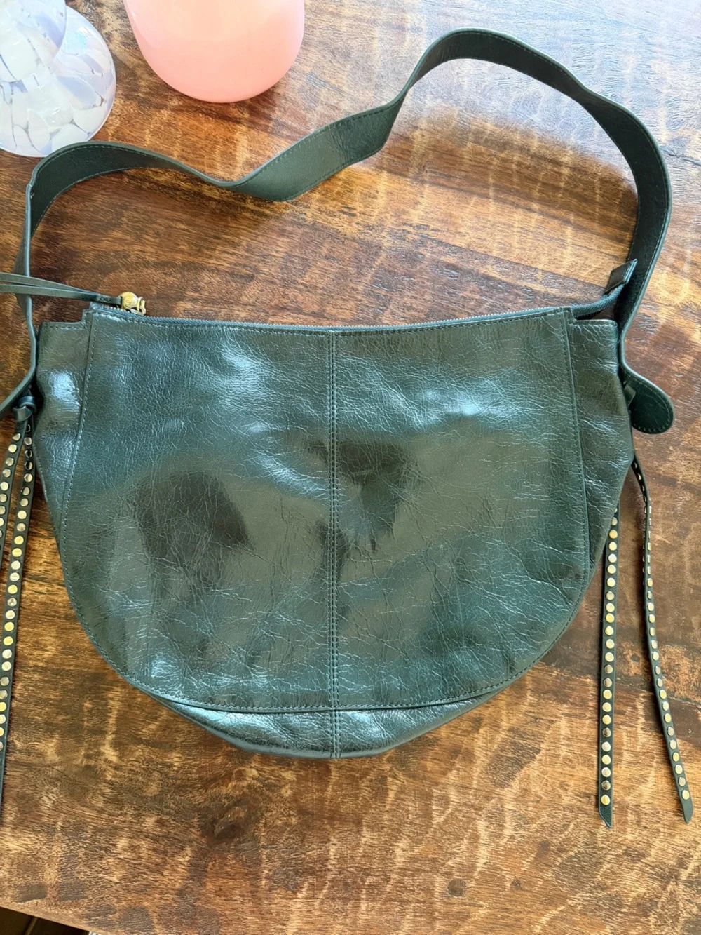 Hobo Dark Green Crinkle Leather Shoulder Bag